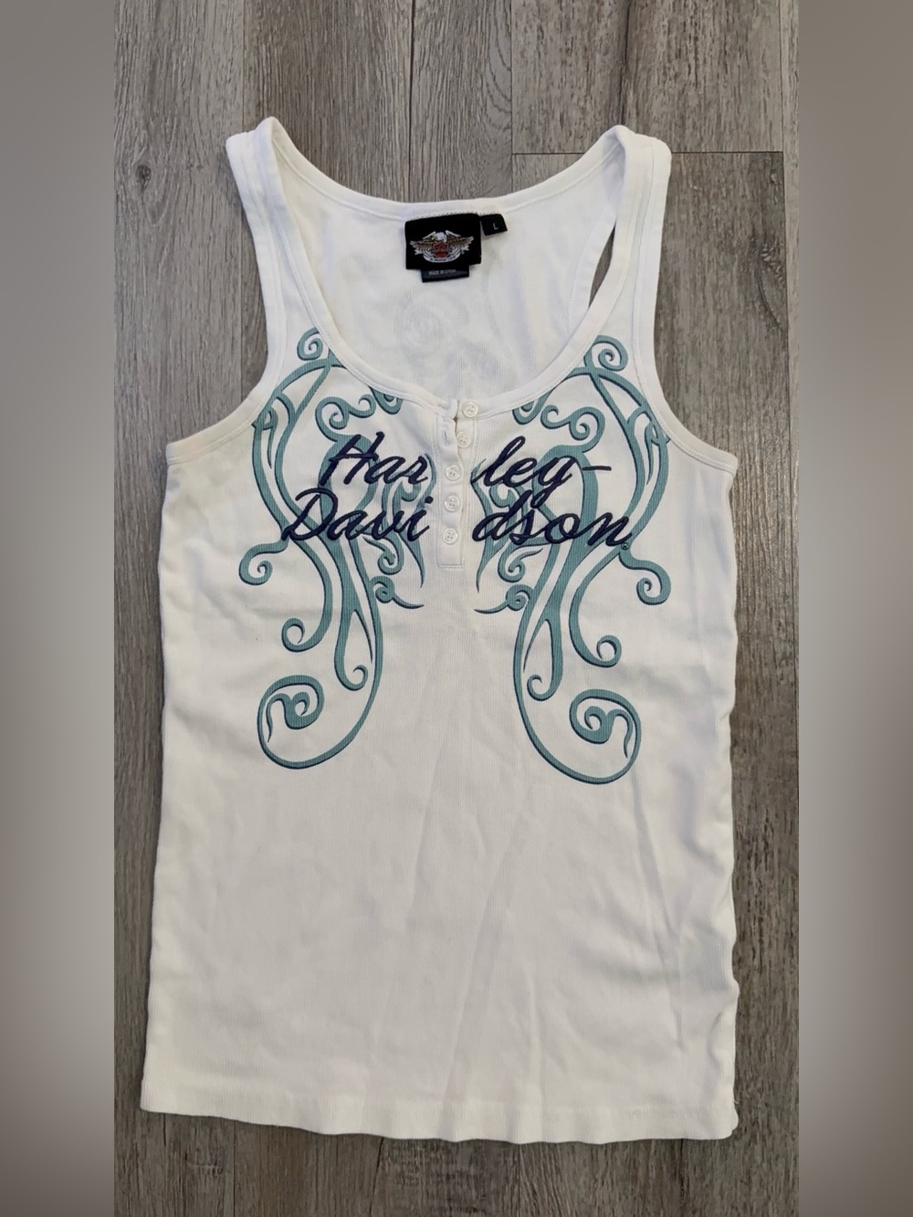 Harley-Davidson White Tank with Teal Scroll Graphic